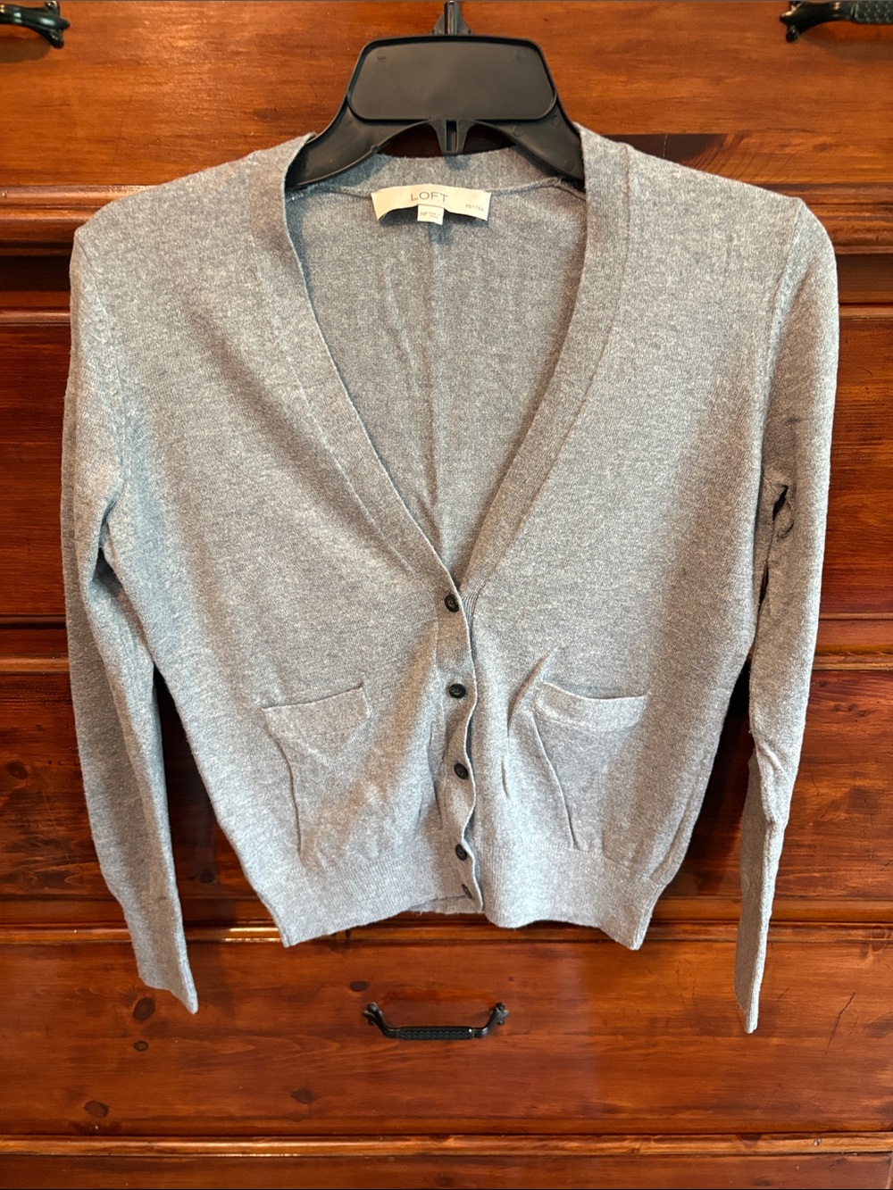 LOFT Gray V-Neck Button Front Cardigan with Pockets